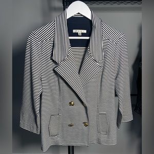CABI double-breasted Blazer, navy and white stripes 3/4 sleeves and gold buttons